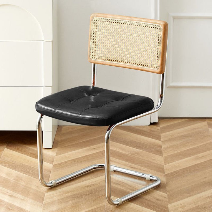 Contemporary Boho Square Synthetic Rattan Faux Oil-wax Leather PU Leather Top Grain Leather Contact Surface Pine Carbon Steel Dining Chair Backrest Armless For Dining Room