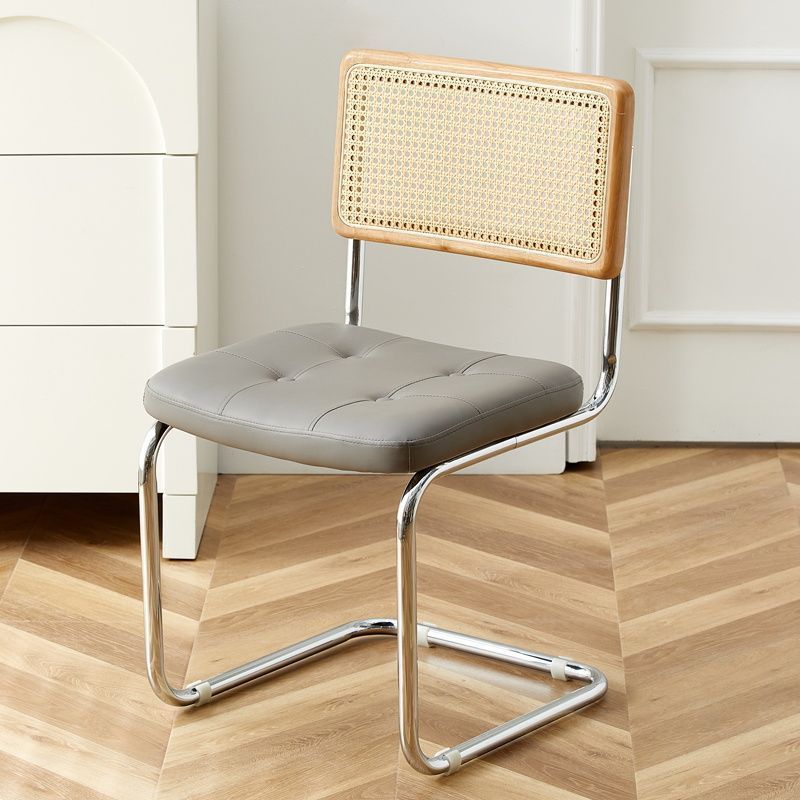 Contemporary Boho Square Synthetic Rattan Faux Oil-wax Leather PU Leather Top Grain Leather Contact Surface Pine Carbon Steel Dining Chair Backrest Armless For Dining Room