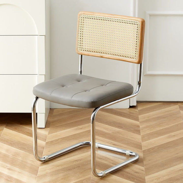 Contemporary Boho Square Synthetic Rattan Faux Oil-wax Leather PU Leather Top Grain Leather Contact Surface Pine Carbon Steel Dining Chair Backrest Armless For Dining Room