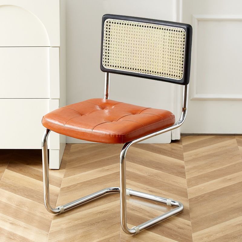 Contemporary Boho Square Synthetic Rattan Faux Oil-wax Leather PU Leather Top Grain Leather Contact Surface Pine Carbon Steel Dining Chair Backrest Armless For Dining Room