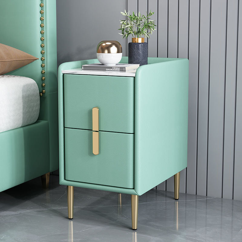 Table de chevet en cuir microfibre de pin nordique contemporain en pierre frittée 2 tiroirs pour chambre 