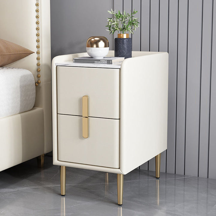 Contemporary Nordic Rectangular Pine Carbon Steel Engineered Wood Slab Stone Faux Leather Nightstand 2 - Drawer For Bedroom