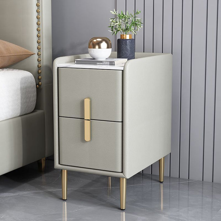 Table de chevet en cuir microfibre de pin nordique contemporain en pierre frittée 2 tiroirs pour chambre 