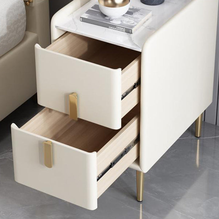 Table de chevet en cuir microfibre de pin nordique contemporain en pierre frittée 2 tiroirs pour chambre 