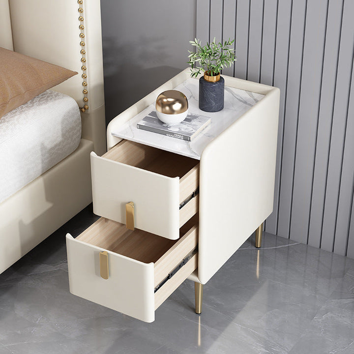 Table de chevet en cuir microfibre de pin nordique contemporain en pierre frittée 2 tiroirs pour chambre 