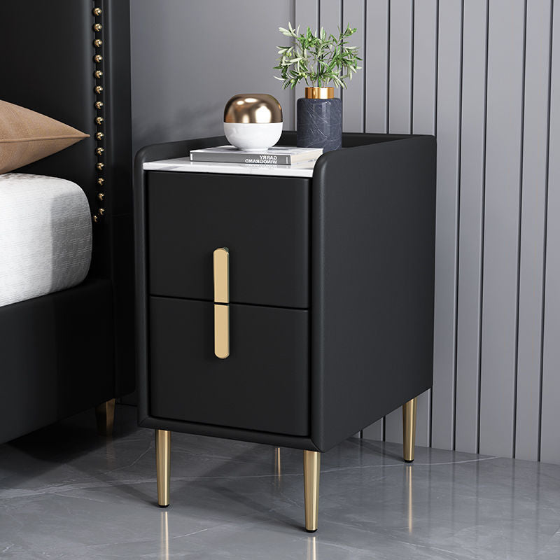 Table de chevet en cuir microfibre de pin nordique contemporain en pierre frittée 2 tiroirs pour chambre 