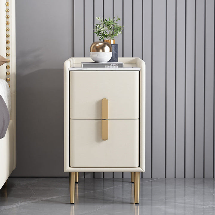 Contemporary Nordic Rectangular Pine Carbon Steel Engineered Wood Slab Stone Faux Leather Nightstand 2 - Drawer For Bedroom