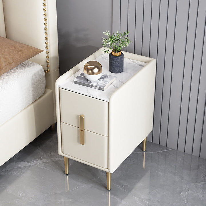 Table de chevet en cuir microfibre de pin nordique contemporain en pierre frittée 2 tiroirs pour chambre 