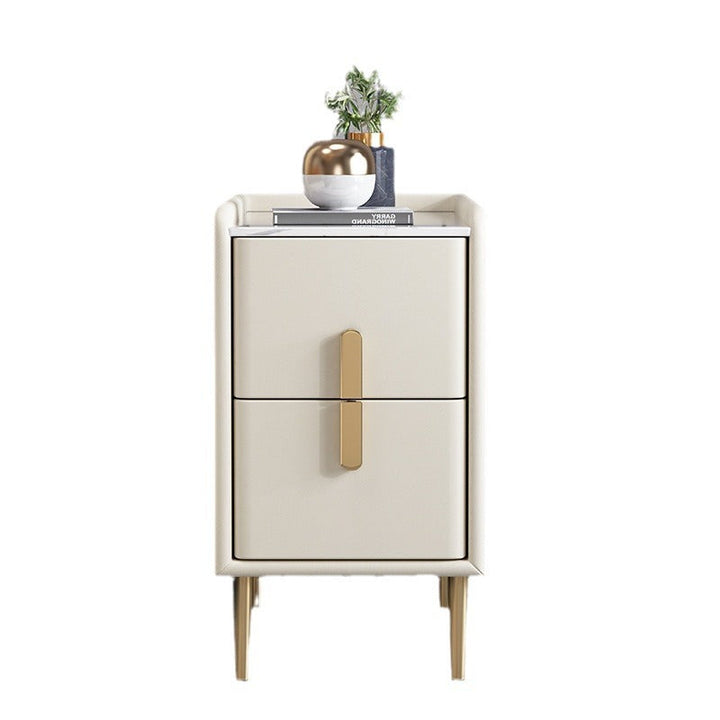Table de chevet en cuir microfibre de pin nordique contemporain en pierre frittée 2 tiroirs pour chambre 