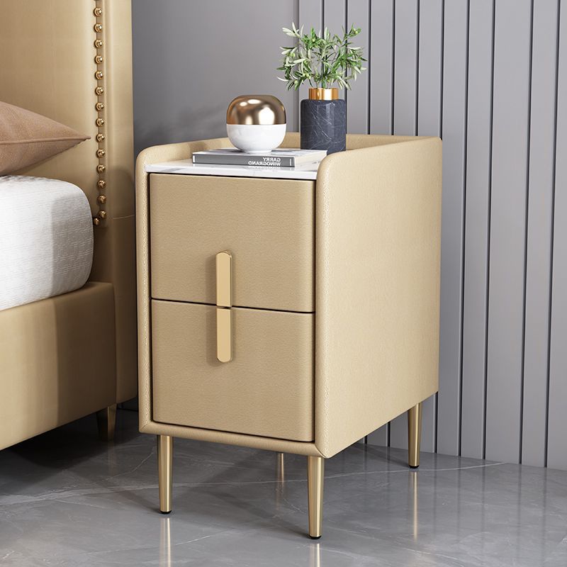 Table de chevet en cuir microfibre de pin nordique contemporain en pierre frittée 2 tiroirs pour chambre 