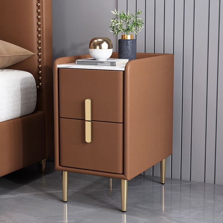 Table de chevet en cuir microfibre de pin nordique contemporain en pierre frittée 2 tiroirs pour chambre 