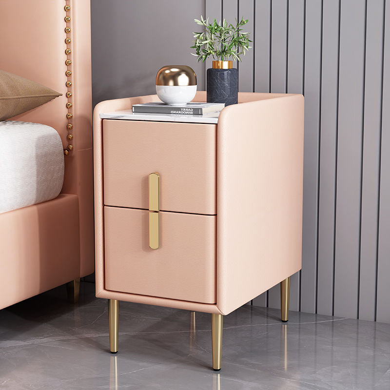 Table de chevet en cuir microfibre de pin nordique contemporain en pierre frittée 2 tiroirs pour chambre 