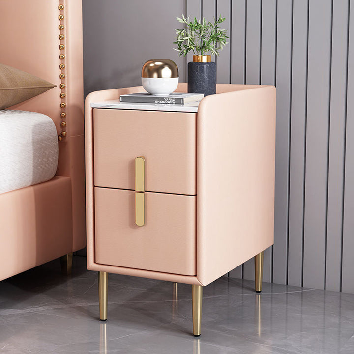 Table de chevet en cuir microfibre de pin nordique contemporain en pierre frittée 2 tiroirs pour chambre 