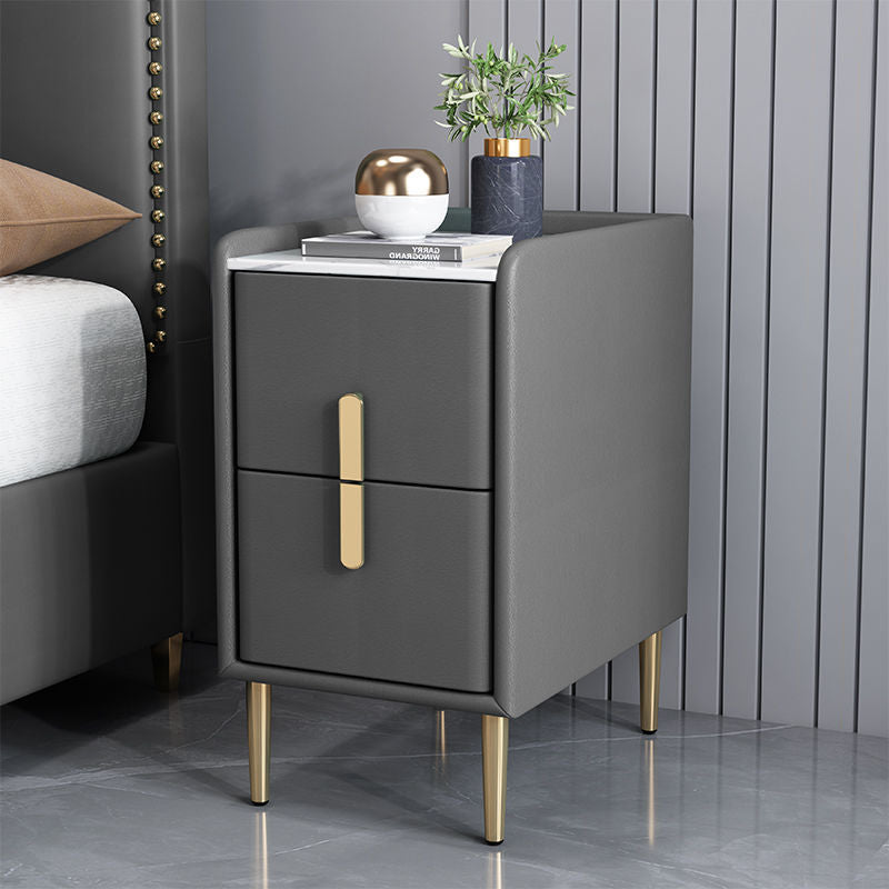 Table de chevet en cuir microfibre de pin nordique contemporain en pierre frittée 2 tiroirs pour chambre 