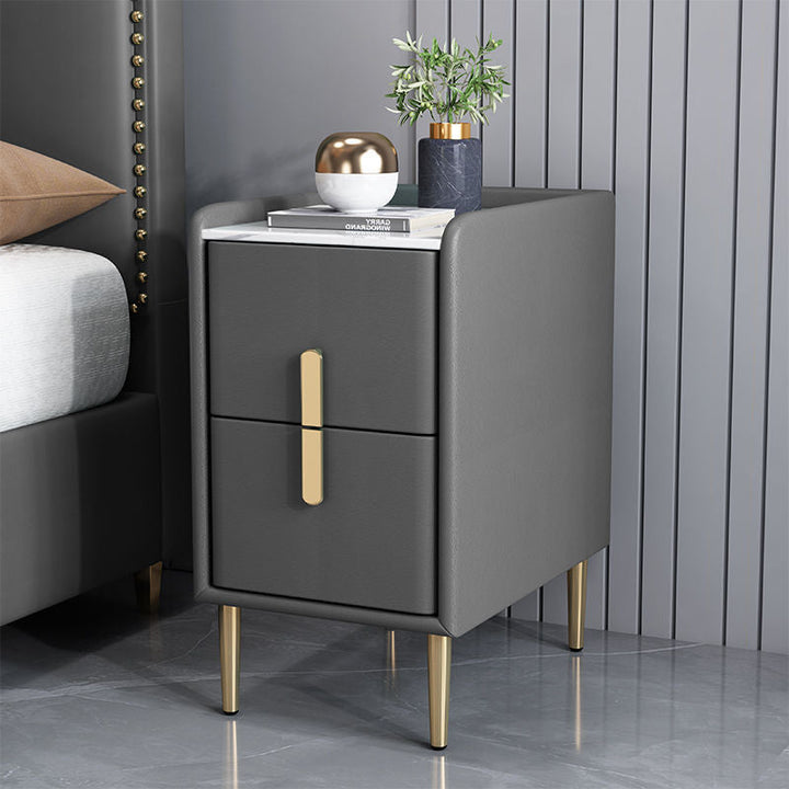 Table de chevet en cuir microfibre de pin nordique contemporain en pierre frittée 2 tiroirs pour chambre 
