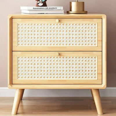 Zeitgenössischer Boho-Würfel-Quadrat-Rattan-Gummibaumholz-Beistelltisch mit 2 Schubladen für das Wohnzimmer 