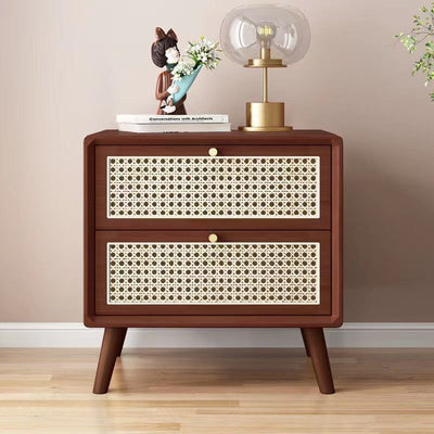 Zeitgenössischer Boho-Würfel-Quadrat-Rattan-Gummibaumholz-Beistelltisch mit 2 Schubladen für das Wohnzimmer 