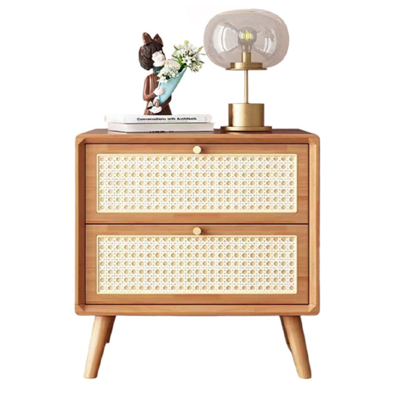Zeitgenössischer Boho-Würfel-Quadrat-Rattan-Gummibaumholz-Beistelltisch mit 2 Schubladen für das Wohnzimmer 