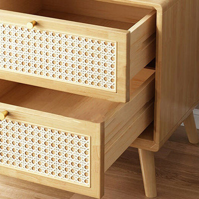 Zeitgenössischer Boho-Würfel-Quadrat-Rattan-Gummibaumholz-Beistelltisch mit 2 Schubladen für das Wohnzimmer 
