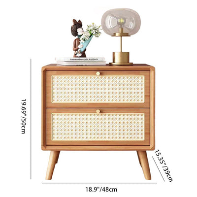 Zeitgenössischer Boho-Würfel-Quadrat-Rattan-Gummibaumholz-Beistelltisch mit 2 Schubladen für das Wohnzimmer 