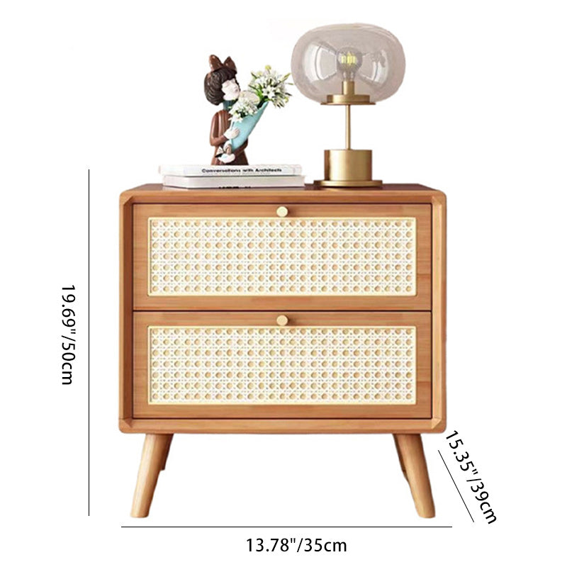 Zeitgenössischer Boho-Würfel-Quadrat-Rattan-Gummibaumholz-Beistelltisch mit 2 Schubladen für das Wohnzimmer 