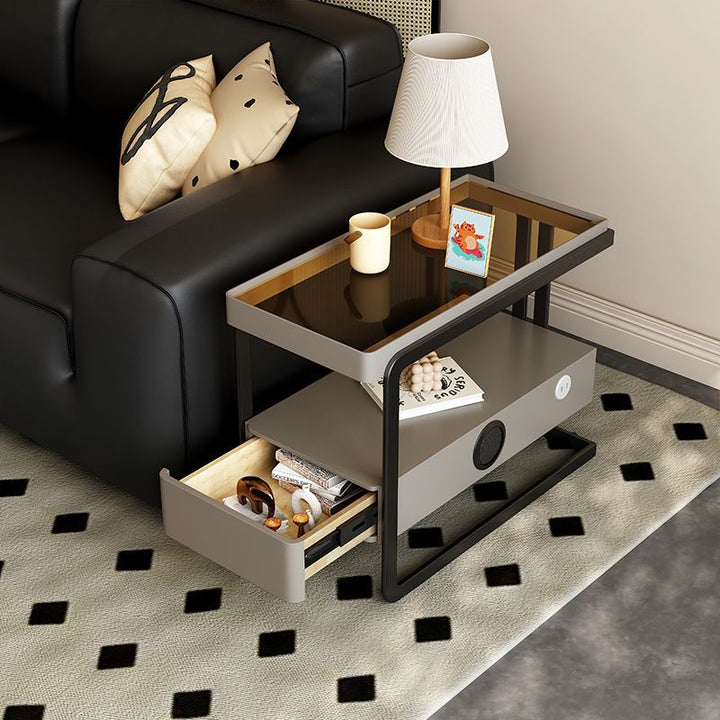 Contemporary Nordic Rectangle Pine Wood Carbon Steel Tempered Glass Scratch-Resistant Leather Side Table 1 - Drawer For Living Room