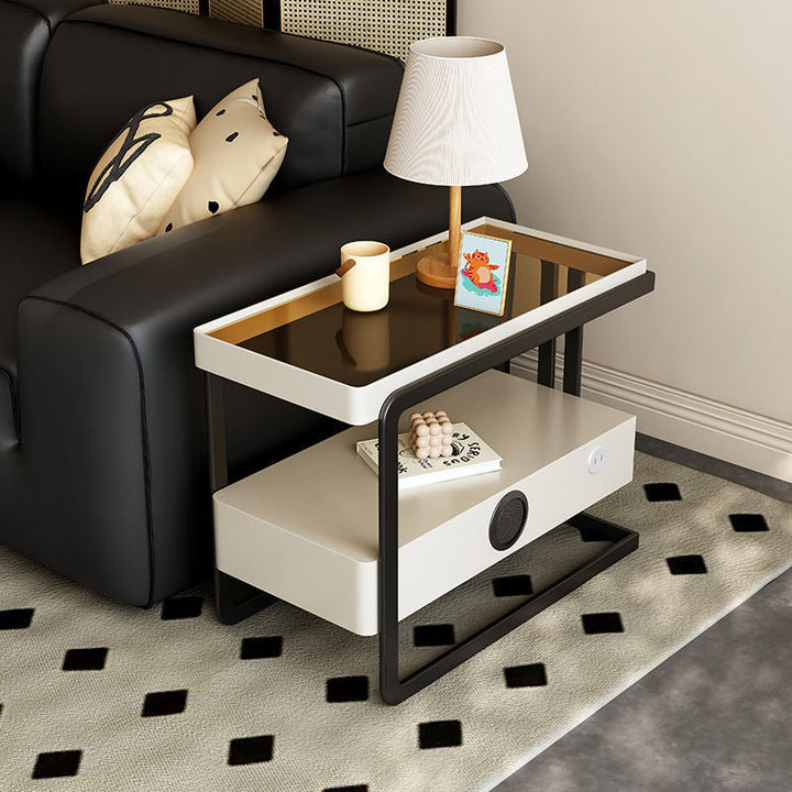 Contemporary Nordic Rectangle Pine Wood Carbon Steel Tempered Glass Scratch-Resistant Leather Side Table 1 - Drawer For Living Room