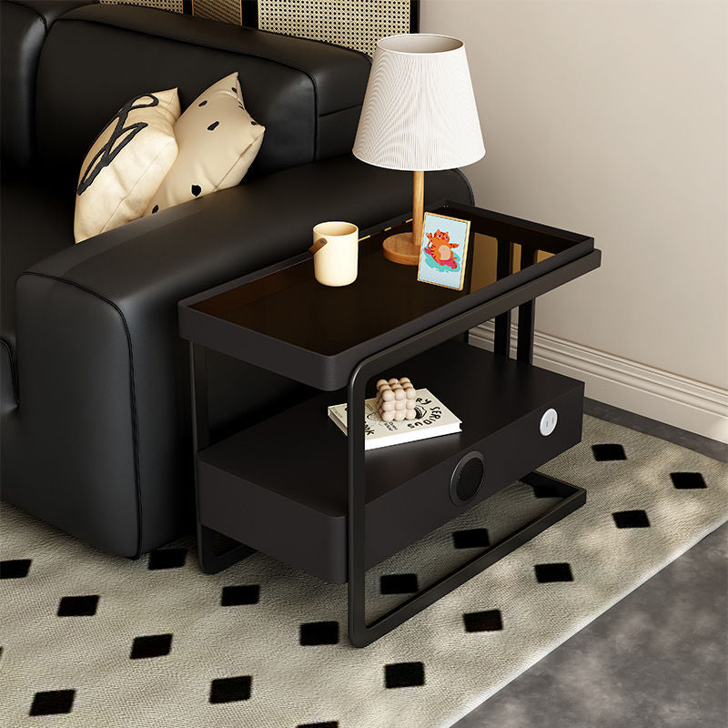 Contemporary Nordic Rectangle Pine Wood Carbon Steel Tempered Glass Scratch-Resistant Leather Side Table 1 - Drawer For Living Room