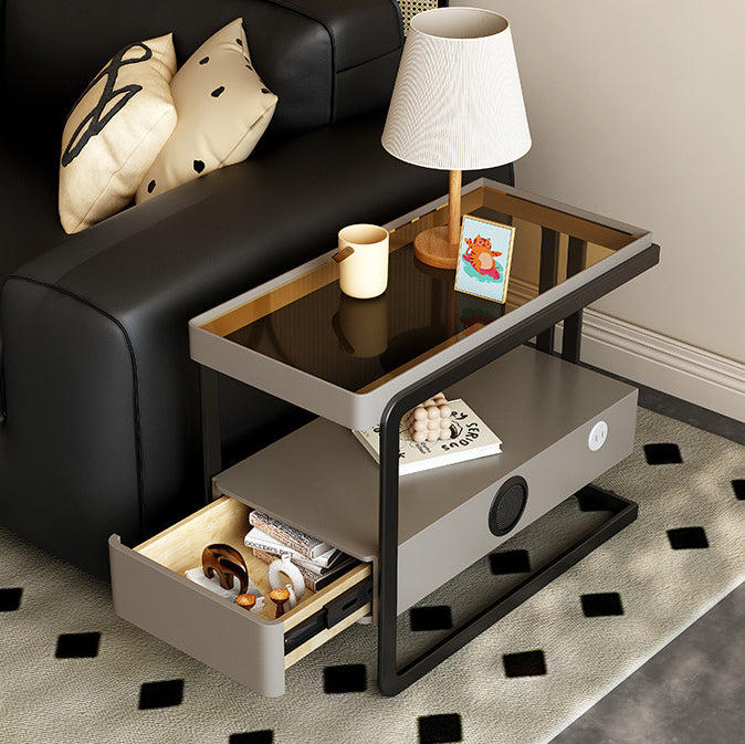 Contemporary Nordic Rectangle Pine Wood Carbon Steel Tempered Glass Scratch-Resistant Leather Side Table 1 - Drawer For Living Room