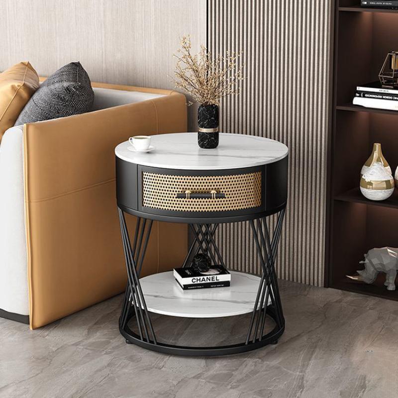 Contemporary Nordic Round Slab Stone Iron Eco-friendly Board Side Table 1 - Drawer For Living Room