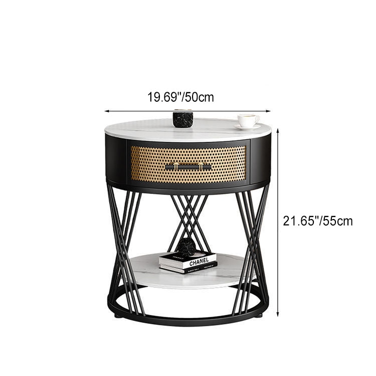 Contemporary Nordic Round Slab Stone Iron Eco-friendly Board Side Table 1 - Drawer For Living Room