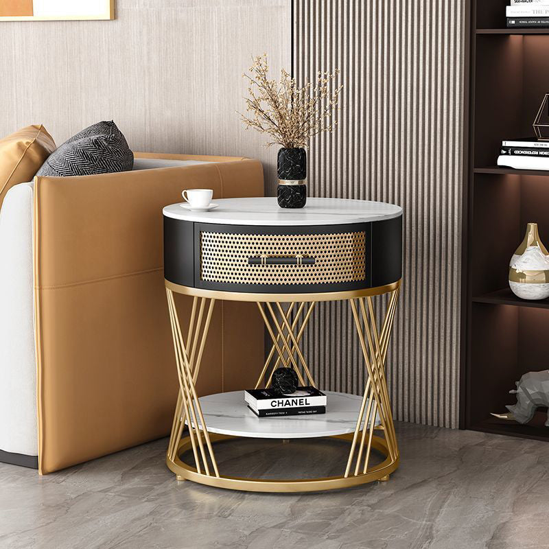 Contemporary Nordic Round Slab Stone Iron Eco-friendly Board Side Table 1 - Drawer For Living Room
