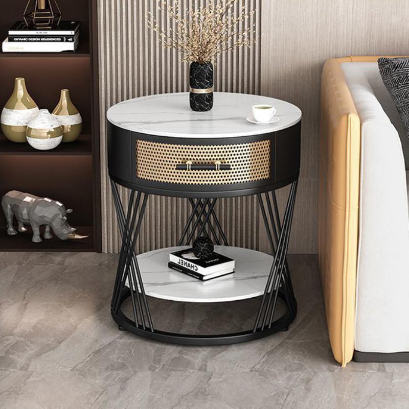 Contemporary Nordic Round Slab Stone Iron Eco-friendly Board Side Table 1 - Drawer For Living Room