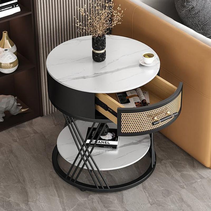 Contemporary Nordic Round Slab Stone Iron Eco-friendly Board Side Table 1 - Drawer For Living Room