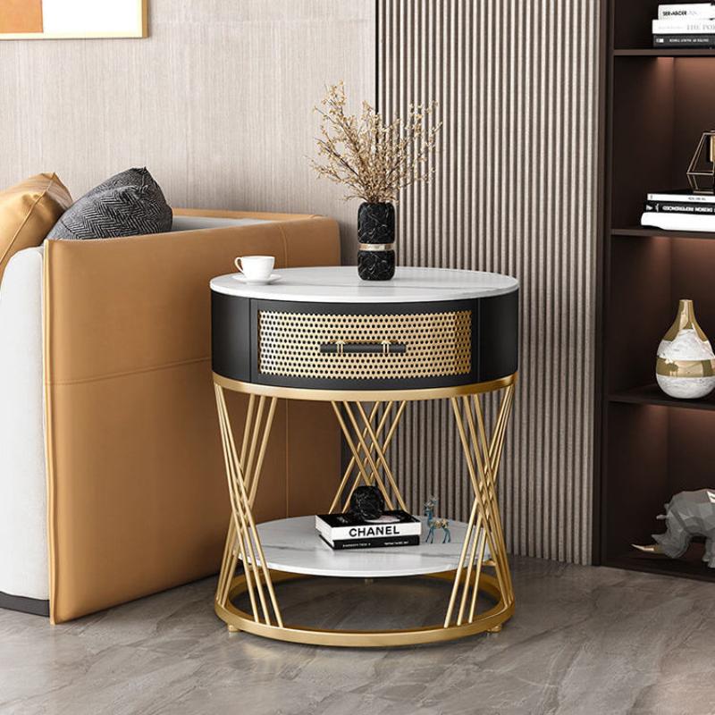 Contemporary Nordic Round Slab Stone Iron Eco-friendly Board Side Table 1 - Drawer For Living Room