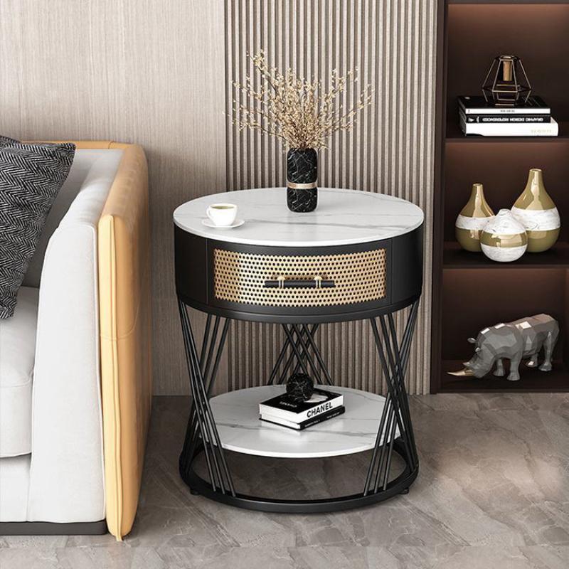 Contemporary Nordic Round Slab Stone Iron Eco-friendly Board Side Table 1 - Drawer For Living Room