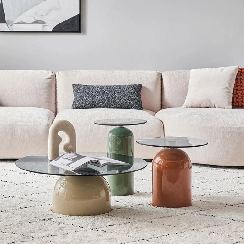 Moderner kreativer Couchtisch aus gehärtetem Rundglas, Karbonstahl und Sperrholz, 1-stöckig, für das Wohnzimmer 