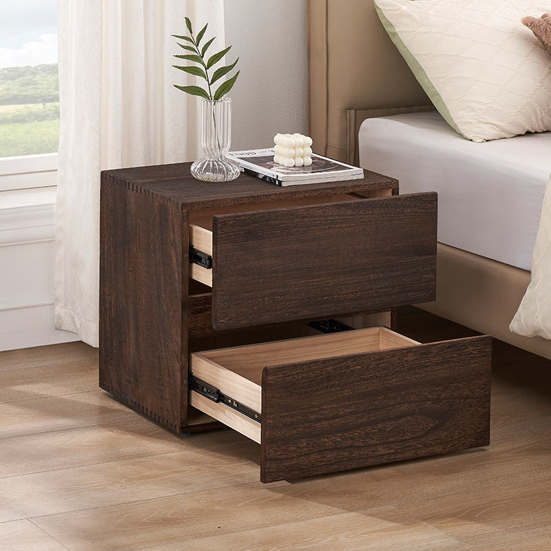 Cube rétro contemporain carré en bois de paulownia Table de nuit à 2 tiroirs pour chambre 