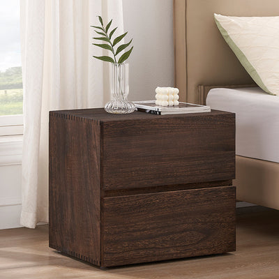 Cube rétro contemporain carré en bois de paulownia Table de nuit à 2 tiroirs pour chambre 