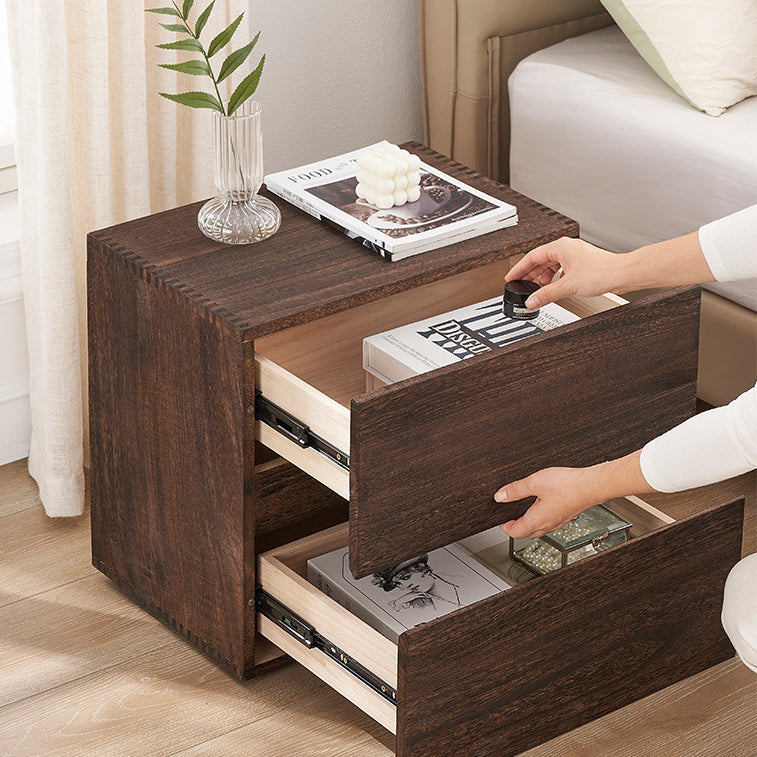Cube rétro contemporain carré en bois de paulownia Table de nuit à 2 tiroirs pour chambre 