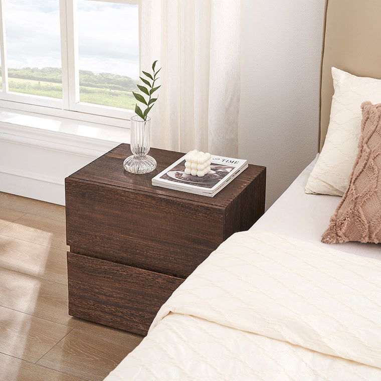 Cube rétro contemporain carré en bois de paulownia Table de nuit à 2 tiroirs pour chambre 