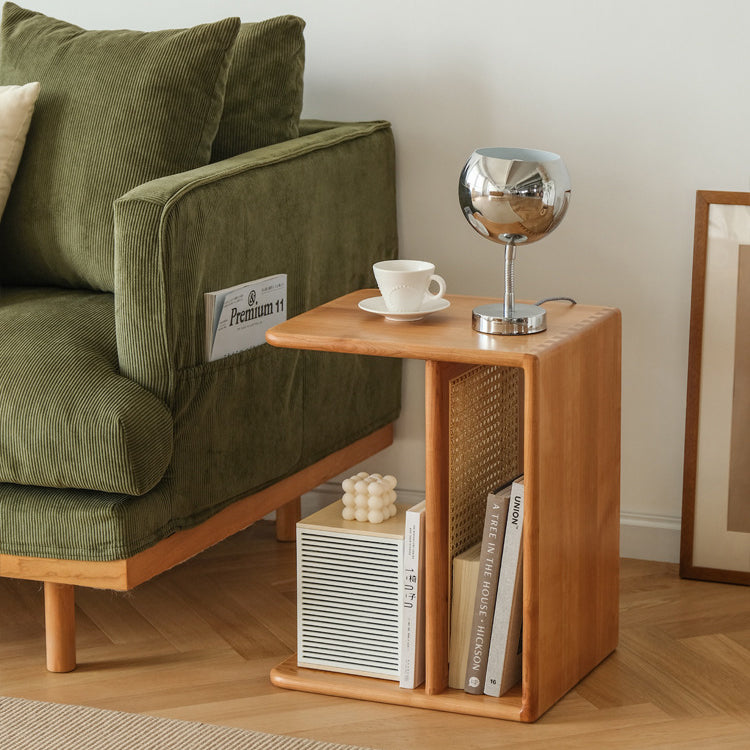 Contemporary Nordic Rectangular Cube Cherry Wood PP Rattan Side Table 2 - Tier For Living Room