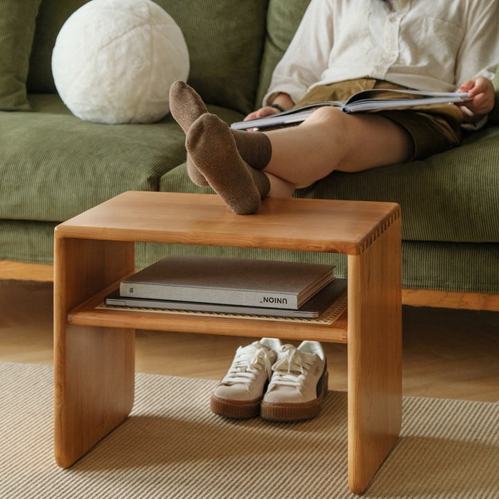 Contemporary Nordic Rectangular Cube Cherry Wood PP Rattan Side Table 2 - Tier For Living Room