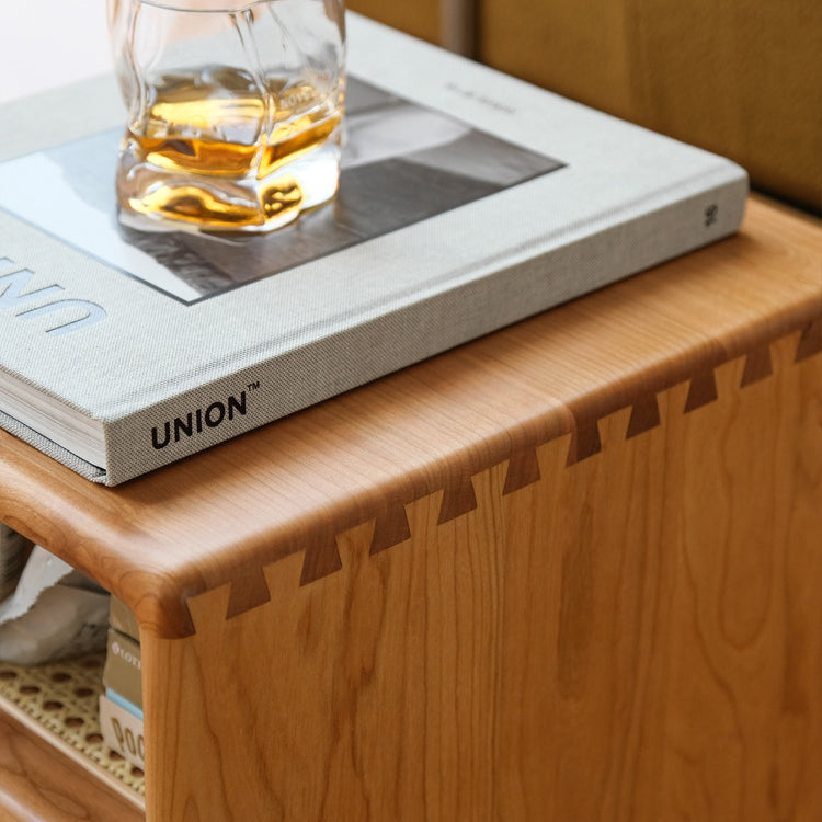 Contemporary Nordic Rectangular Cube Cherry Wood PP Rattan Side Table 2 - Tier For Living Room