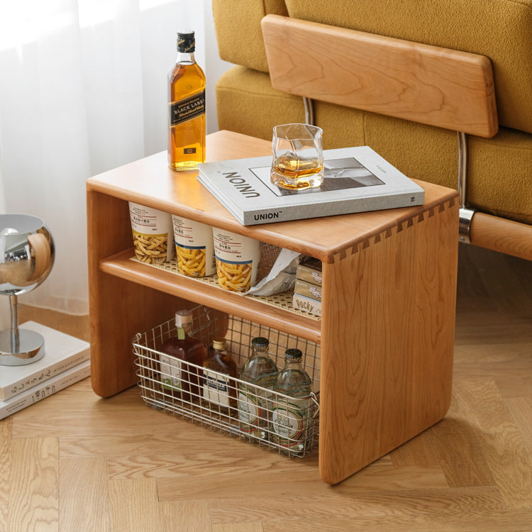 Contemporary Nordic Rectangular Cube Cherry Wood PP Rattan Side Table 2 - Tier For Living Room