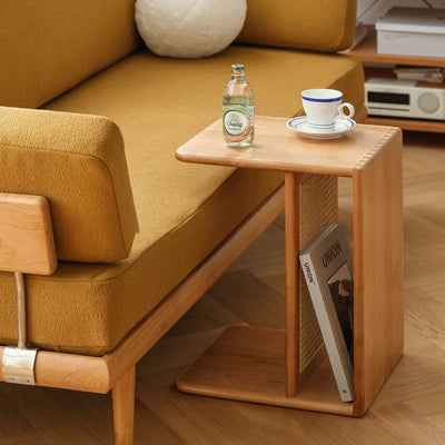 Table d'appoint rectangulaire en bois de cerisier et rotin nordique contemporain à 2 niveaux pour salon 