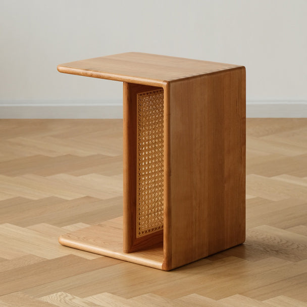 Contemporary Nordic Rectangular Cube Cherry Wood PP Rattan Side Table 2 - Tier For Living Room