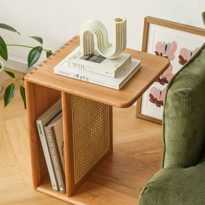 Contemporary Nordic Rectangular Cube Cherry Wood PP Rattan Side Table 2 - Tier For Living Room