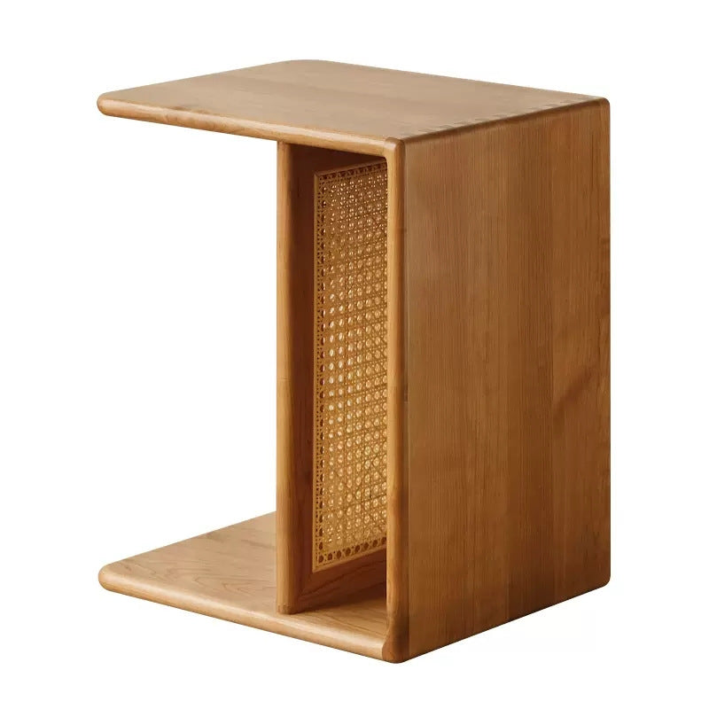 Contemporary Nordic Rectangular Cube Cherry Wood PP Rattan Side Table 2 - Tier For Living Room