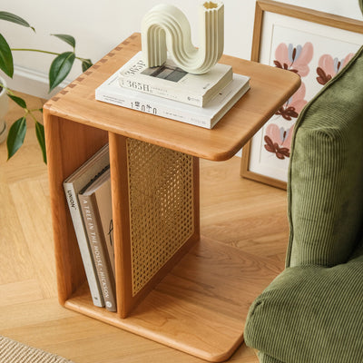 Table d'appoint rectangulaire en bois de cerisier et rotin nordique contemporain à 2 niveaux pour salon 